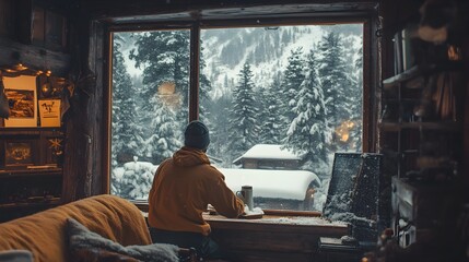 Housekeeper carefully scrubbing a large glass window, with a picturesque snowy scene outside, vintage cabin interior with wooden walls and cozy atmosphere