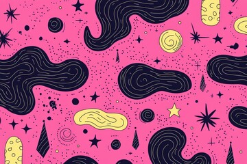 Abstract Pattern with Stars, Planets, and Swirls on Pink Background