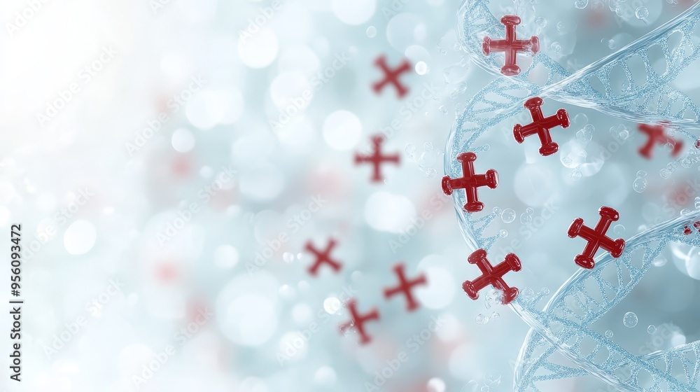 Poster abstract dna double helix with red crosses and bokeh background