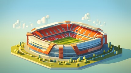 Isometric spiral-shaped stadium with open-air sections, surrounded by urban plazas and modern skyscrapers in broad daylight