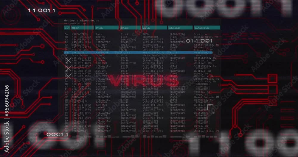 Aufkleber virus alert animation over computer code and circuit board background