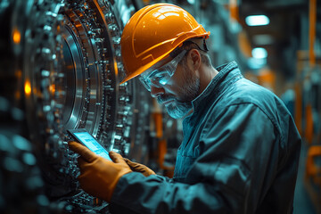 Focused engineer in hard hat checks smartphone near industrial machinery, showcasing modern technology in a manufacturing environment.