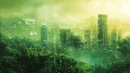 Naklejka premium Futuristic Environmental Forecasting Concept with Digital Models and Predictive Graphs