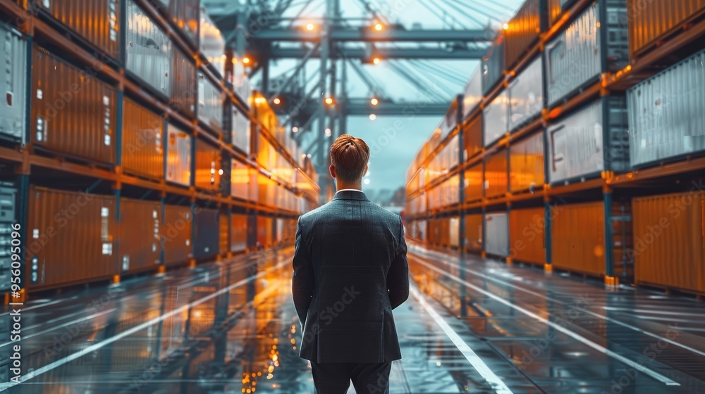Aufkleber Double exposure Businessman implements automated customs clearance to speed up international trade processes. Generative AI.