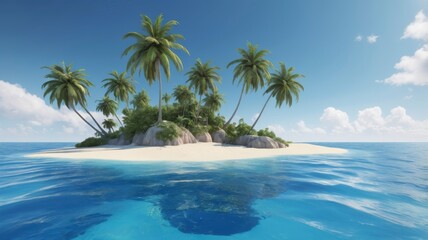 Small island with palm trees in a blue Caribbean ocean on a clear background
