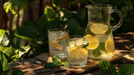Fresh lemonade on a background of a garden with lemons and mint