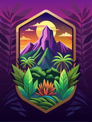 Naklejka premium Purple Mountain Landscape with Full Moon and Tropical Plants