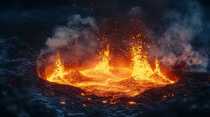 Fototapeta premium Fiery Fury: Close-up Shot of a Volcanic Eruption with Lava Spewing, Smoke, and Copy Space