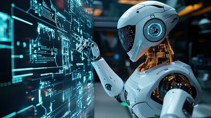 Fototapeta premium Futuristic robot interacting with a digital interface, showcasing advanced technology and artificial intelligence capabilities.
