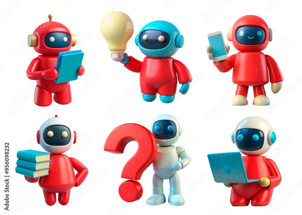 Poster futuristic cartoon set of ai robots and digital brain concept isolated on white. ai robot bot. chat,