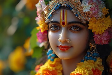 Close-up of an Indian girl dressed as her god Radha krishna, wearing crown with flowers in her hair