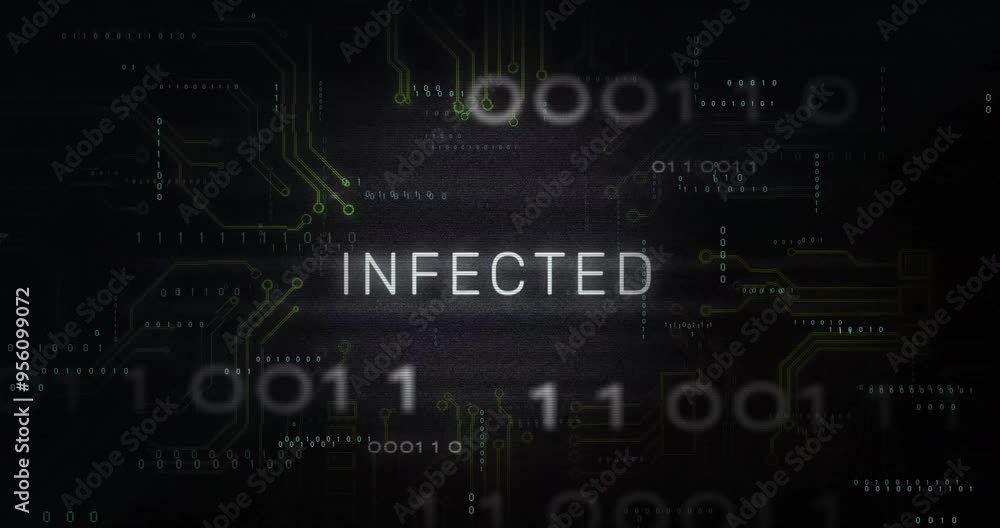 Poster infected text animation over binary code and circuit board background