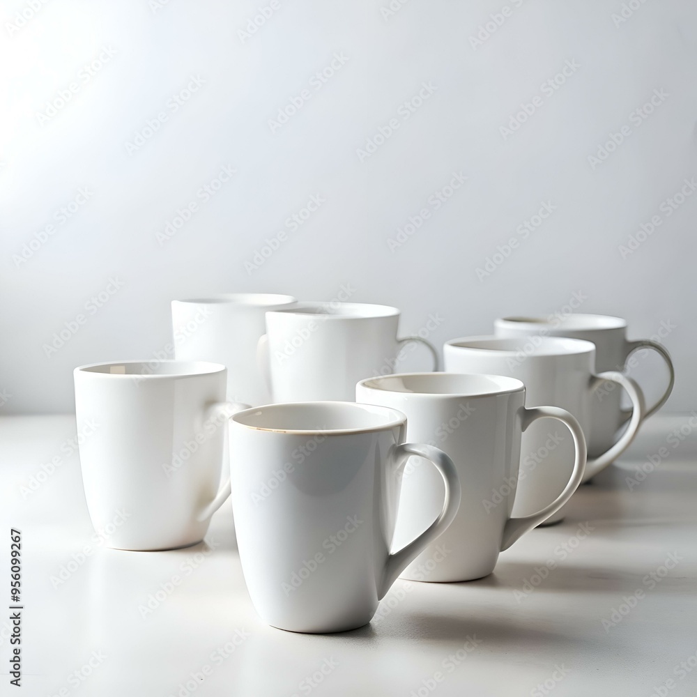 Poster a row of six pristine white mugs sits on a light grey background. creating a simple yet elegant comp