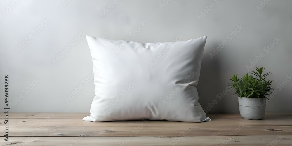 Poster a pristine white pillow rests on a rustic wooden table. creating a simple yet elegant backdrop.