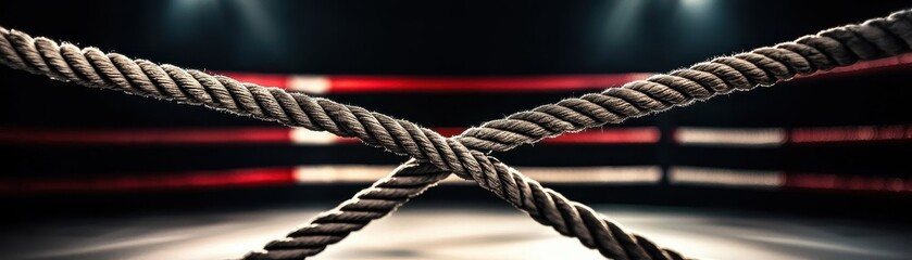 A close-up of boxing ropes under dramatic lighting, showcasing the intensity of the ring before a match.