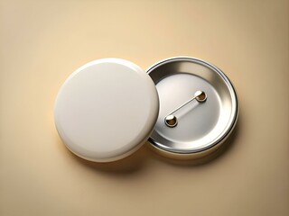 A blank. white button pin mockup isolated on a beige background.
