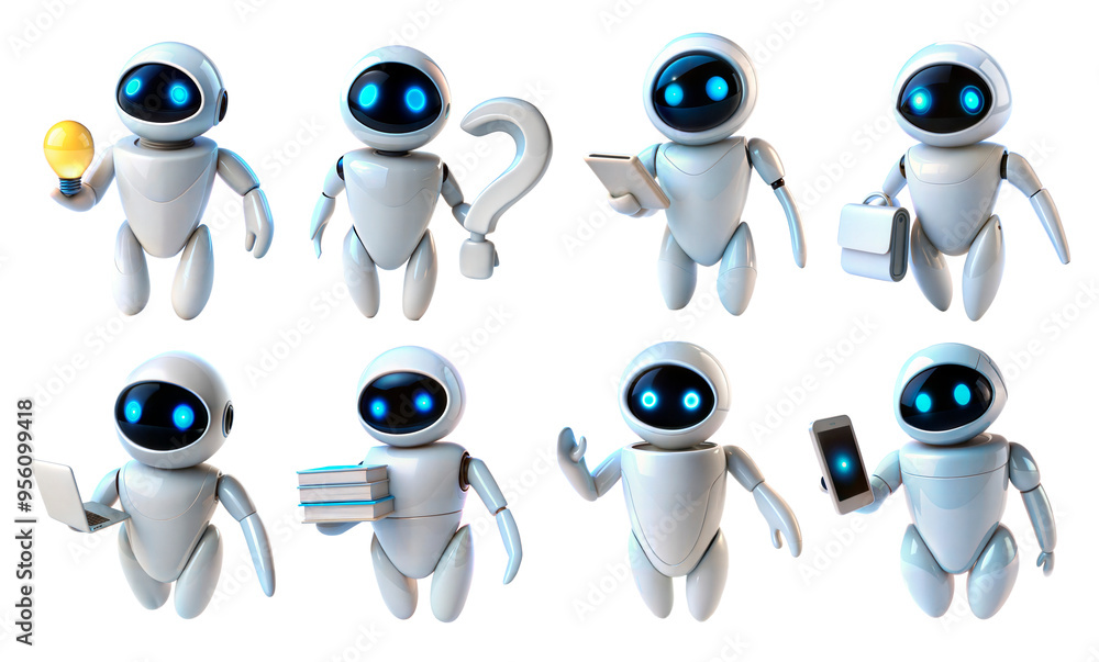 Poster futuristic cartoon set of ai robots and digital brain concept isolated on white. ai robot bot. chat,