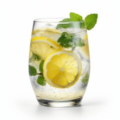 Mojito cocktail with lemon, mint and ice isolated on white background