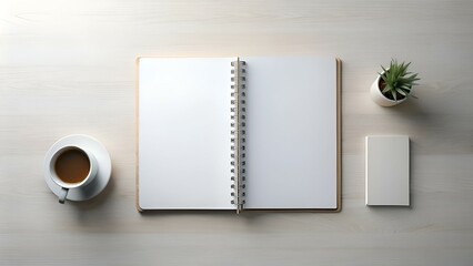 Clean and minimalist mockup featuring a blank spiral bound notebook. coffee cup. and plant on a wooden desk.