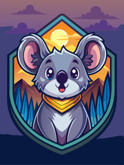 Fototapeta premium Adorable Cartoon Koala with Sunset and Mountain Background