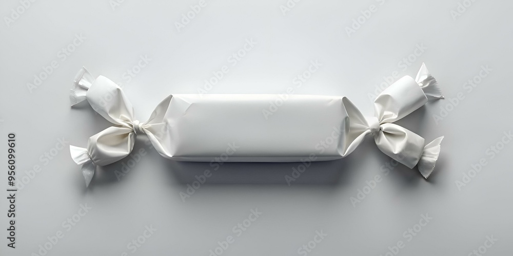 Poster a simple yet elegant white candy wrapper with a bow tied at each end.