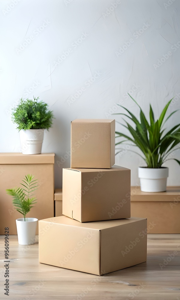 Poster stack of three cardboard boxes on a wooden table with plants in the background.