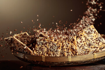 Crackers with sunflower seeds and flax seeds.