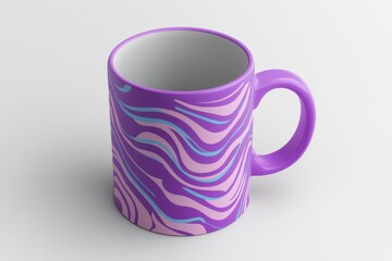 A purple mug with a wavy abstract design in pink and blue colors.