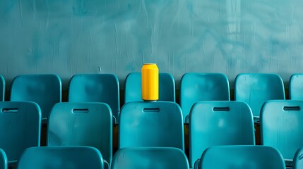 Fototapeta premium In the center of a line of cyan seats is a yellow soda can