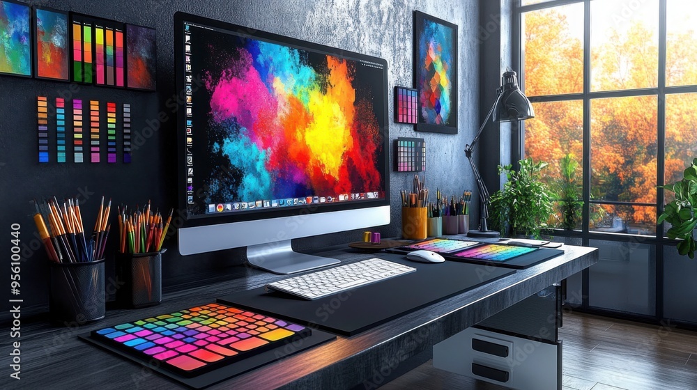 Fototapete modern graphic designer desk with computer displaying colorful digital art software, creative design