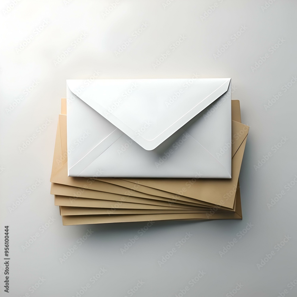 Poster a stack of brown envelopes with a single white envelope on top.