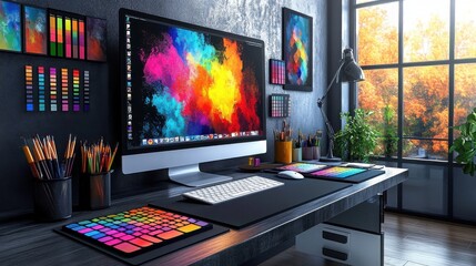 Modern graphic designer desk with computer displaying colorful digital art software, creative design tools and color palette in an cozy office setting
