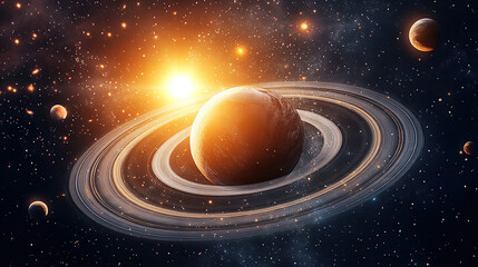 A beautiful planet surrounded by rings, with the sun shining on it and other planets in space