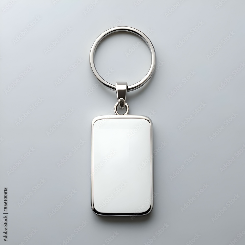 Poster a clean. isolated shot of a blank metal keychain with a rectangular tag. perfect for showcasing your