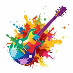 Abstract watercolor guitar exploding with colorful motion vector illustration