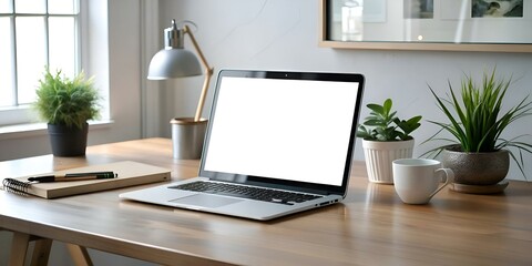 Fototapeta premium Modern laptop mockup with blank screen on a wooden desk.