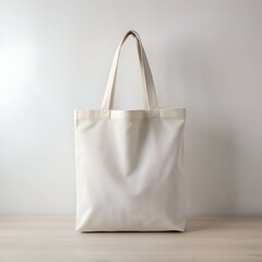 A clean and simple blank canvas tote bag isolated on a wooden surface.