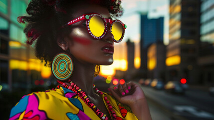 Obraz premium Fashion model in a bold, colorful outfit with matching accessories, City street at sunset, Dynamic and vibrant mood.