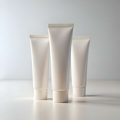 Three pristine white tubes of lotion or cream stand in a row on a light background.