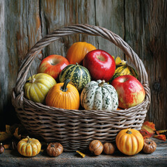 A basket full of fruit and vegetables for Thanksgiving. AI generative.