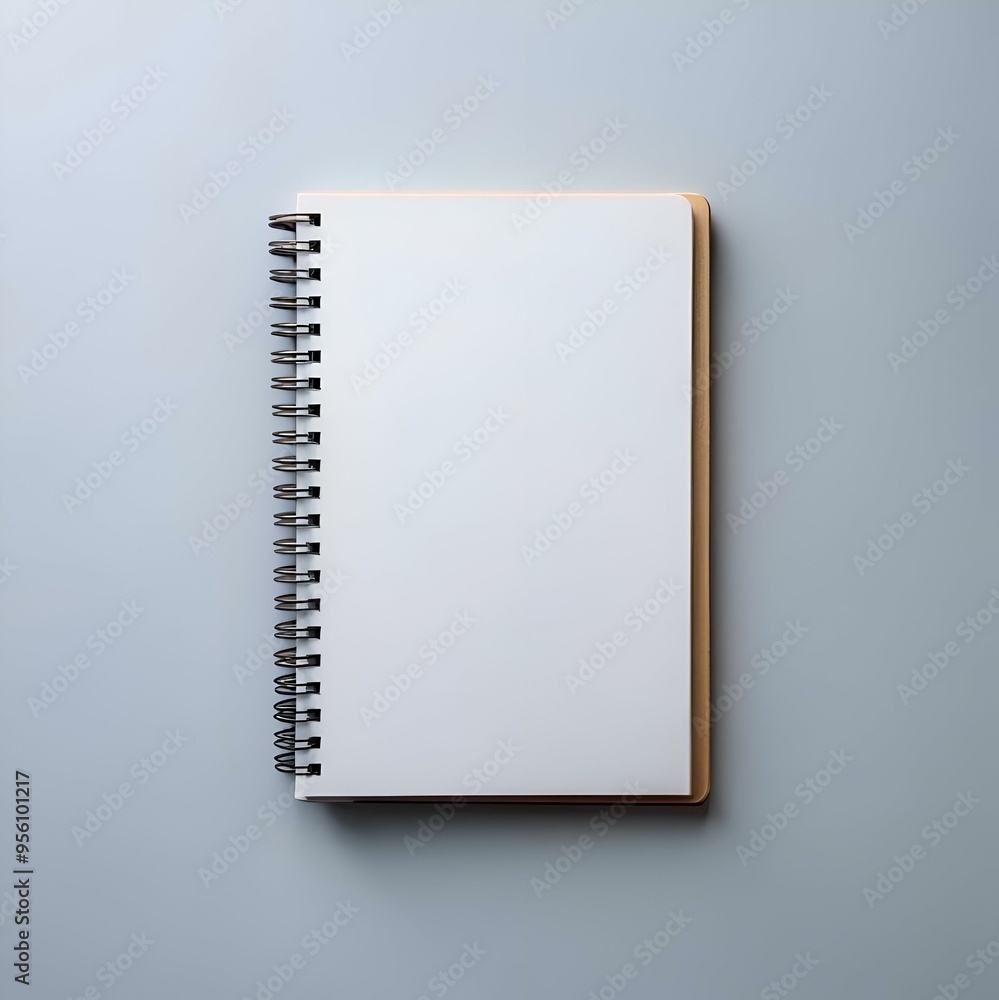 Poster a clean and simple image of a blank spiral notebook with a light blue background.
