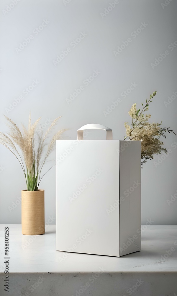 Poster a simple. white box with a handle sits on a marble table.
