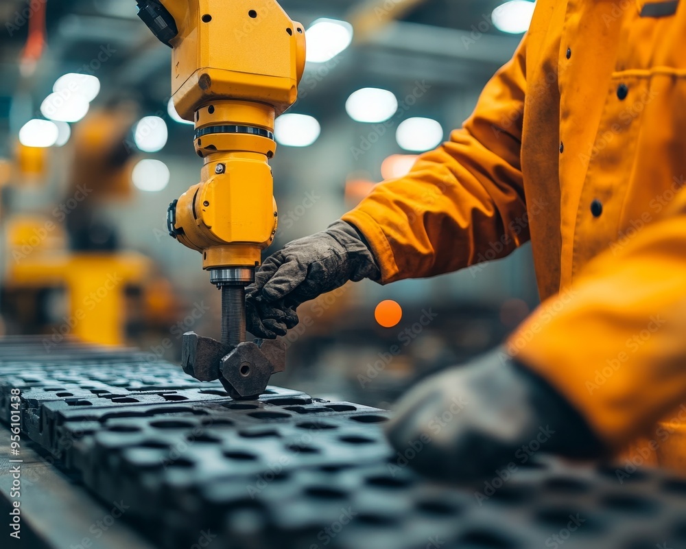 Poster a robotic arm operates a wrench in a modern industrial setting, showcasing precision engineering and
