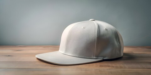 Blank white baseball cap mockup on a wooden surface.