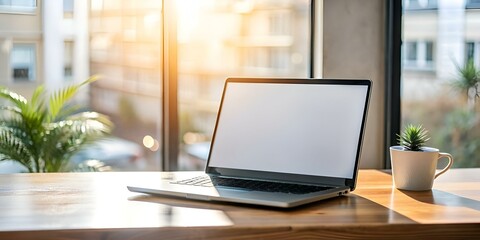 Modern laptop with blank screen on a wooden desk near a window.