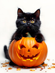 Black cute cat come outside smile pumpkin isolated on white background