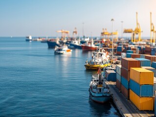 Naklejka premium A bustling harbor scene with cargo ships, container ships, tugboats, and cranes. The clear blue sky and calm waters make for a picturesque backdrop.
