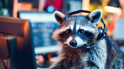 Cute and Curious Raccoon Wearing a Call Center Uniform Diligently Working with a Headset Representing Efficient and Responsible Customer Service Support