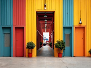 A colorful passageway with doors and plants leading to a bright, open space.