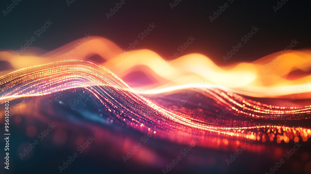 Poster abstract illustration of vibrant waves of light moving across a dark background in a dynamic flow